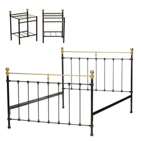 Three Piece French Iron Brass and Glass Bedroom Group, 20th c., Bed- H.- 48 in., W.- 56 in., D.- 78