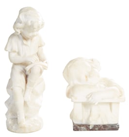Two Carved Alabaster Figures, 19th c., Reader- H.- 16 1/4 in., W.- 6 in., D.- 6 1/2 in.; Sleeping-