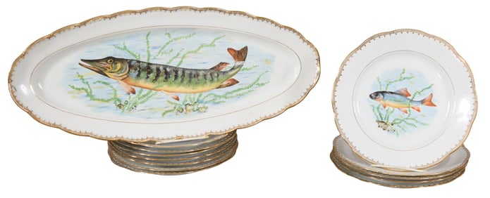 Thirteen Piece French Ceramic Porcelain Fish Set, 20th c., Plates- H.- 1 in., Dia.- 9 3/8