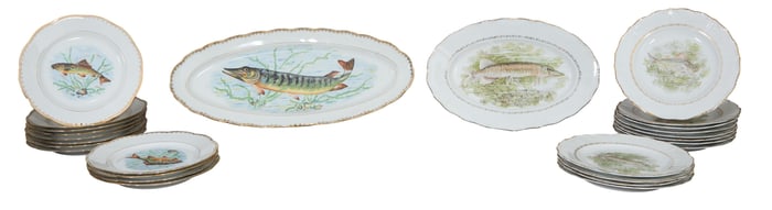 Thirteen Piece French Ceramic Fish Set, 20th c., Plates- H.- 1 in., Dia.- 9 1/2 in. (13 Pcs.)
