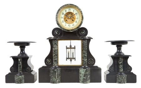 Three Piece French Napoleon III Marble Mantle Garniture Set, mid to late 19th c., Clock- H.- 18 1/2