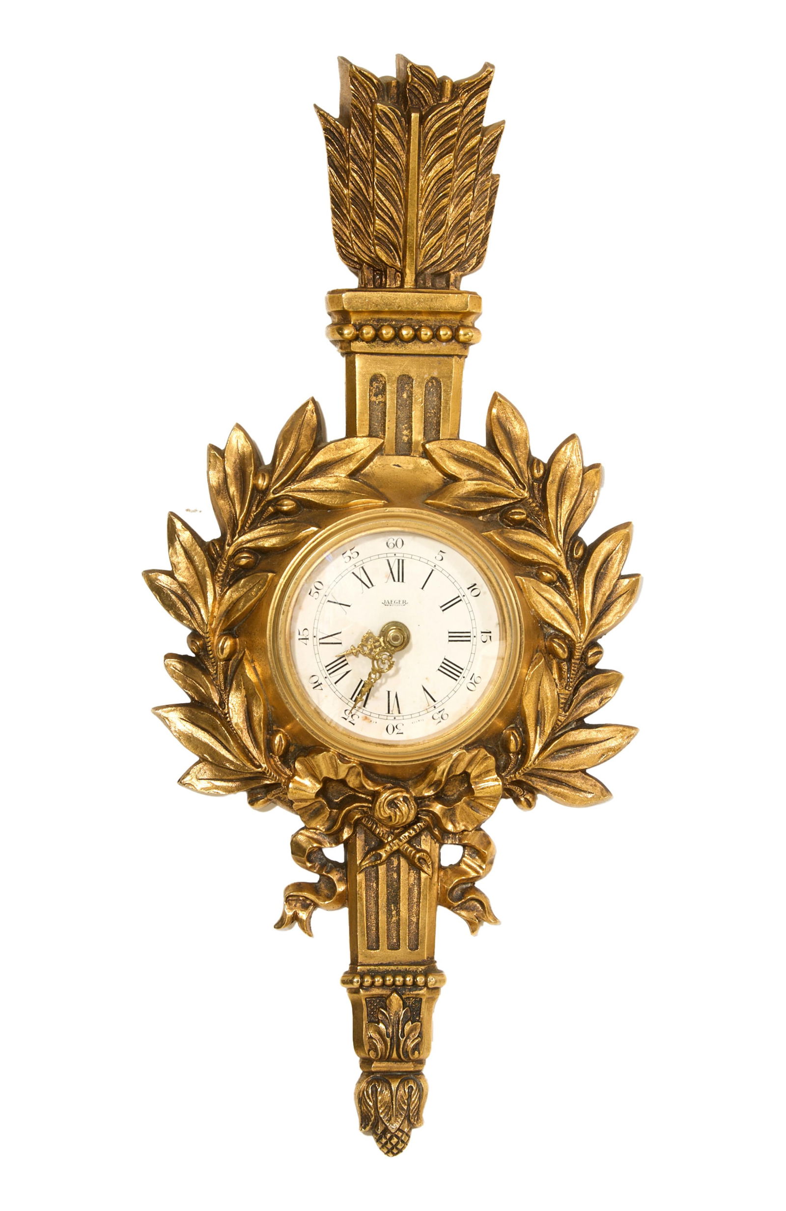 French Gilt Bronze Jaeger Electronic Cartel Wall Clock, 20th c., H.- 19 in., W.- 9 in., D.- 2 1/4 (1 of 4)