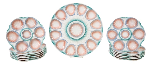 Thirteen Piece French Oyster Service Set, 20th c., Platter- Dia.- 15 in., Plate- Dia.- 9 1/2 in. (13