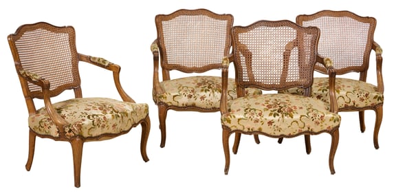 Four French Louis XV Style Fauteuil, 20th c., H.- 30 in., W.- 25 1/2 in., D.- 21 in. (4 Pcs.)