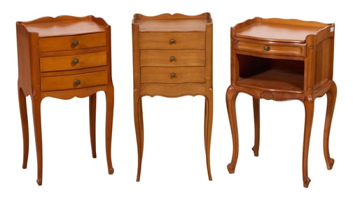Three French Louis XV Style Cherry Nightstands, 20th c., Largest- H.- 28 in., W.- 13 1/2 in., D.- 10