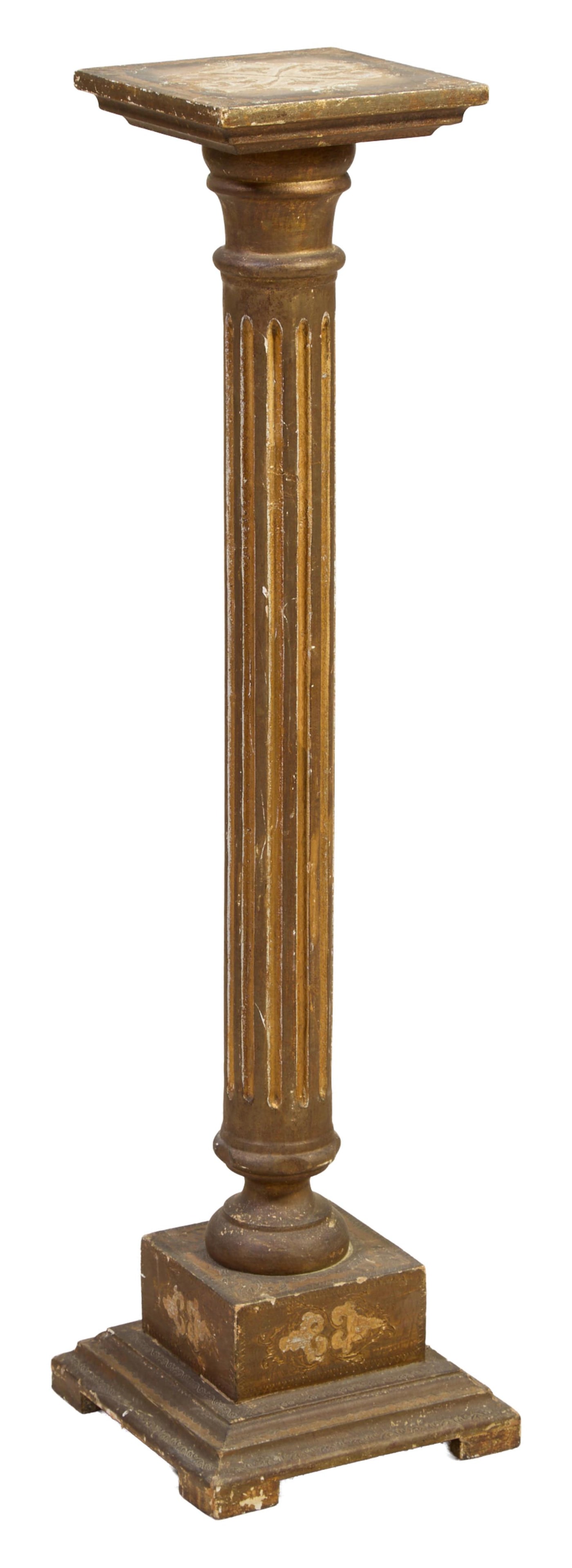 Italian Florentine Giltwood Pedestal, early 20th c., H.- 37 1/2 in., W.- 9 3/4 in., D.- 9 3/4 in.: Italian Florentine Giltwood Pedestal, early 20th c., floral decorated stepped top, ring turned fluted standard, socle bottom on blocked stepped base on feet, H.- 37 1/2 in., W.- 9 3/4 in., D.- 9 3/4 i