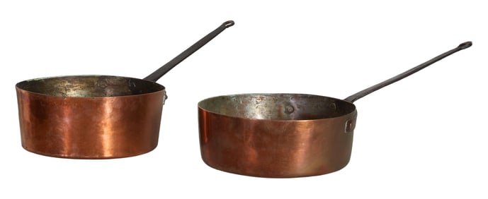 Two Large French Copper Pots, 19th c., Larger- H.- 4 1/2 in., W.- 23 1/4 in., D.- 12 in. (2 Pcs.)