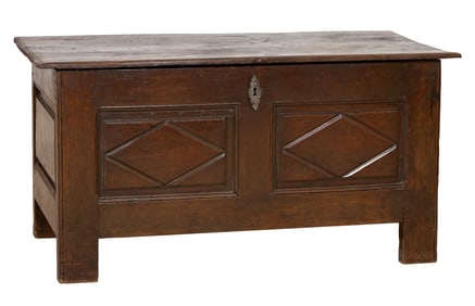 French Louis XIII Style Coffer, 19th c., H.- 25 1/2 in., W.- 50 3/4 in., D.- 22 1/4 in.