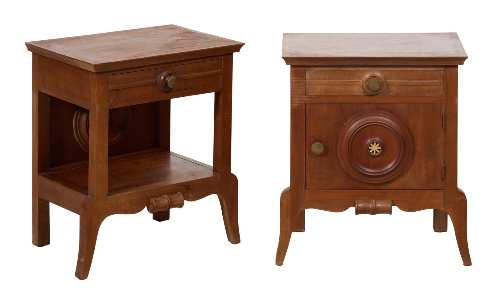 Pair of French Art Nouveau Nightstands, early 20th c., H.- 23 in., W.- 19 1/2 in., D.- 14 in. (2: Pair of French Art Nouveau Nightstands, early 20th c., coved top over frieze drawers, rondelle decorated door and opposing backsplash, carved apron over outswept cabriole legs, H.- 23 in., W.- 19 1/2 