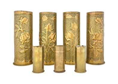 Group of Seven French Brass Trench Art Vases, c. 1917, Four Tall Examples- H.- 9 1/8 in., Dia.- 3