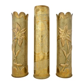 Group of Three French Brass Trench Art Vases, c. 1917, Aisne- H.- 13 3/4 in., Dia.- 3 3/8 in.; Pair-