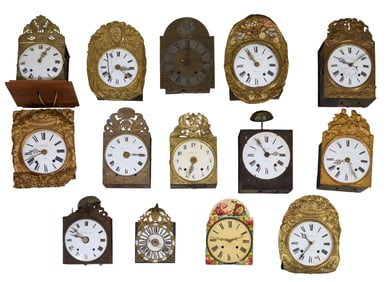 Fourteen Morbier Clock Movements, 19th c., Largest- H.- 17 3/4 in., W.- 11 in., D.- 6 in. (14 Pcs.)