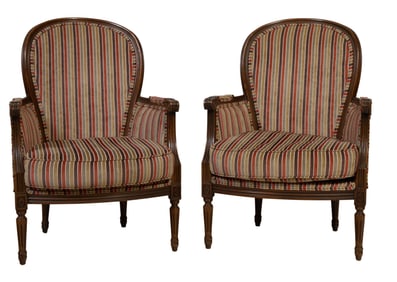 Pair of Louis XVI Style Carved Walnut Fauteuil, 20th c., Each- H.- 38 1/2 in., W.- 27 in., D.- 27