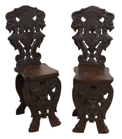 Pair of Italian Baroque Style Carved Walnut Back Stools, 19th c., Each- H.- 41 in., W.- 13 in., D.-