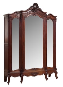 French Louis XV Style Triple Door Mirrored Carved Walnut Armoire, late 19th c., H.- 102 in., W.- 74