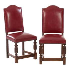 Pair of Spanish Renaissance Style Leather Hall Chairs, late 19th c., H.- 41 in., W.- 16 in., D.- 18