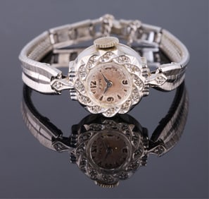 14K White Gold and Diamond Elgin Ladies’ Dress Watch, App. Wt.- 15.1 grams; Case- Dia.- 21 mm;