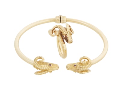 Set of 14K Yellow Gold Rams' Head Jewelry, Ring- Size- 4 1/2; Bracelet- Int. W.- 2 3/8 in., Int. D.-