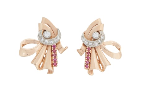 Pair of 14K Rose Gold Diamond and Ruby Clip Earrings, H.- 1 1/4 in., W.- 1 in., D.- 3/8 in., Wt.- .4
