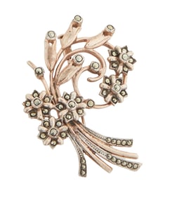 English 20K Rose Gold Marcasite Floral Spray Brooch, early 20th c., H.- 1 7/8 in., W.- 1 1/2 in.,