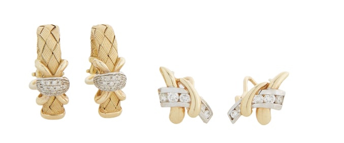 Two Pair of 14K Yellow Gold and Diamond Pierced Earrings, 20th c., Wt.- .58 Troy Oz. (4 Pcs.)