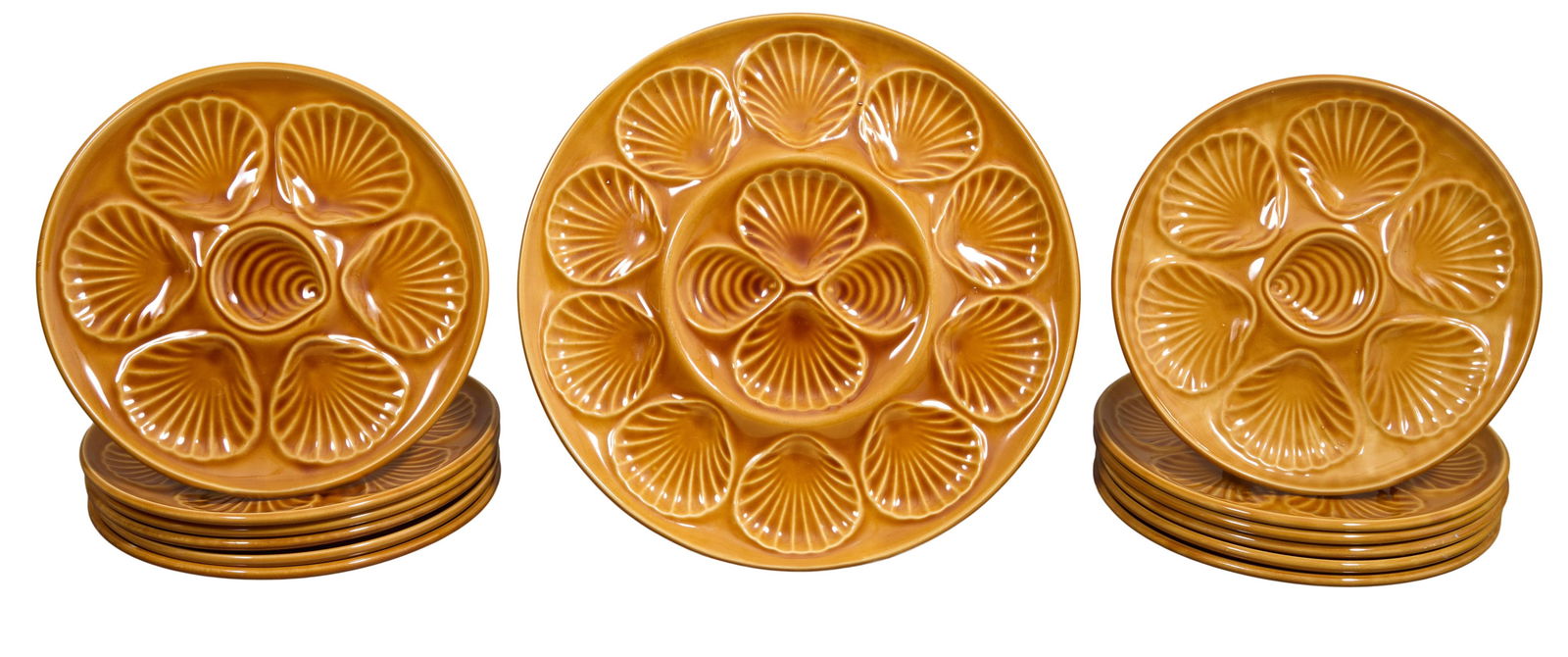 Thirteen Piece French Ceramic Oyster Set, 20th c., Plates- H.- 1 in., Dia.- 10 in., Platter- H.- 1 (1 of 1)