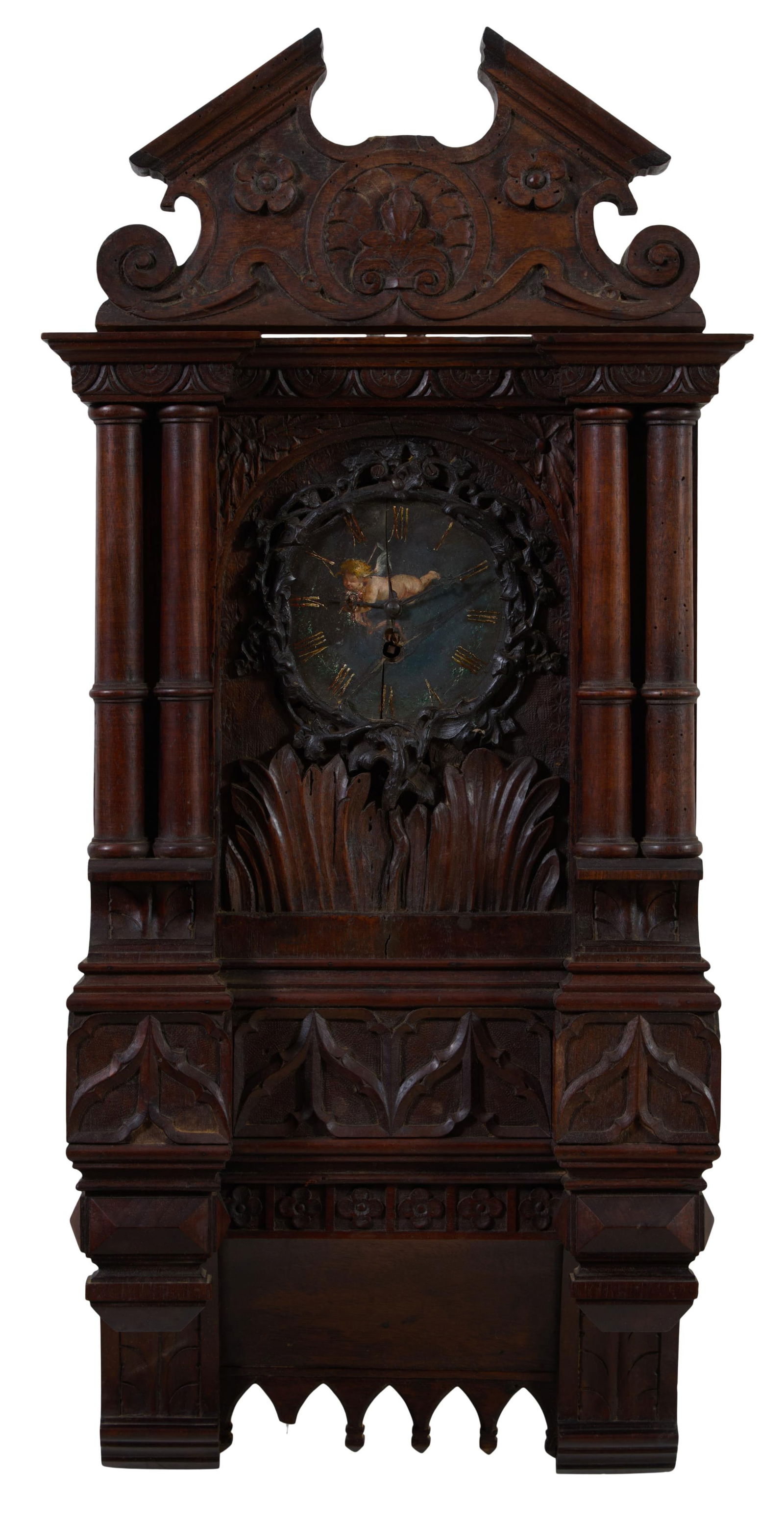Unusual French Henri II Style Carved Walnut Wall Clock, circa 1880, H.- 30 in., W.- 13 in., D.- 6: Unusual French Henri II Style Carved Walnut Wall Clock, circa 1880, the broken arch crown over a setback time only clock with a hand painted putto dial, flanked by double cylindrical columns, over a r
