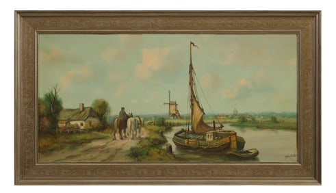 Anton Muller (Austrian, 1853-1897), "Canal Scene with Village Road," H.- 16 in., W.- 31 1/2 in.,