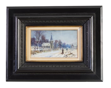 John Douglass (American/Texas, 1905-1969), "Winter Village Scene with Church," Sight- H.- 2 7/8 in.,