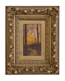 Ade (Continental School), "Winter Woods at Sunset," late 19th/early 20th c., Sight- H.- 7 5/8 in.,