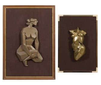 Giovanni Schoeman (South African, 1940-1980), Pair of Patinated Metal Reliefs of Female Nudes, c.