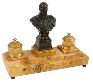 English Gilt and Patinated Bronze and Ocher Marble Inkwell, early 20th c., H.- 10 1/2 in., W.- 13