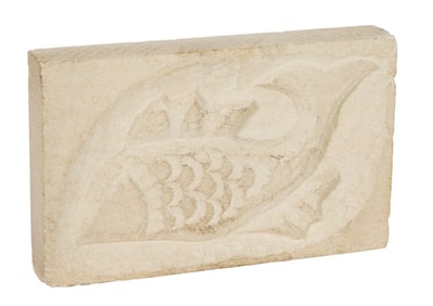 French Relief Cast Stone Garden Fish Sculpture, 20th c., H.- 9 1/2 in., W.- 15 1/2 in., D.- 2 1/2