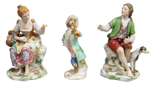 Three Meissen Style Porcelain Figures, 19th c., Man- H.- 6 3/4 in., W.- 4 in., D.- 3 1/2 in. (3