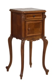 French Louis XV/XVI Style Marble Top Parquetry Nightstand, 20th c., H.- 34 in., W.- 15 1/2 in., D.-