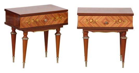 Pair of French Art Nouveau Parquetry Marquetry Nightstands, early 20th c., H.- 20 1/2 in., W.- 19