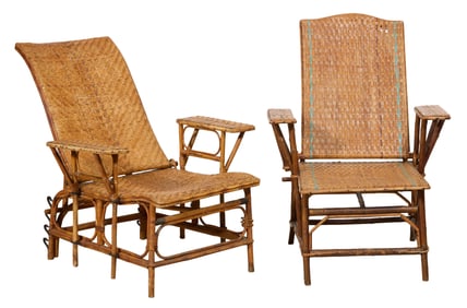 Two French Ratan Folding Lounge Chairs, early 20th c., H.- 38 in., W.- 28 in., D.- 27 in. (2 Pcs.)