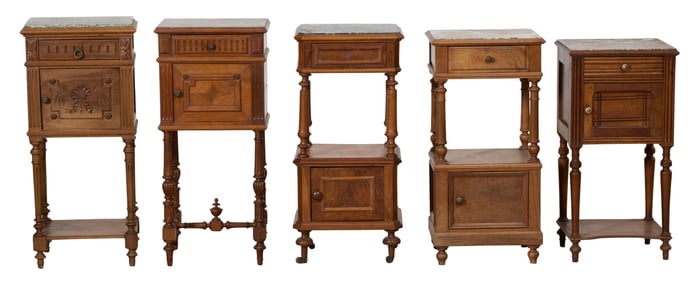 Five French Henri II Style Marble Top Nightstands, late 19th c., Largest- H.- 35 in., W.- 16 in.,