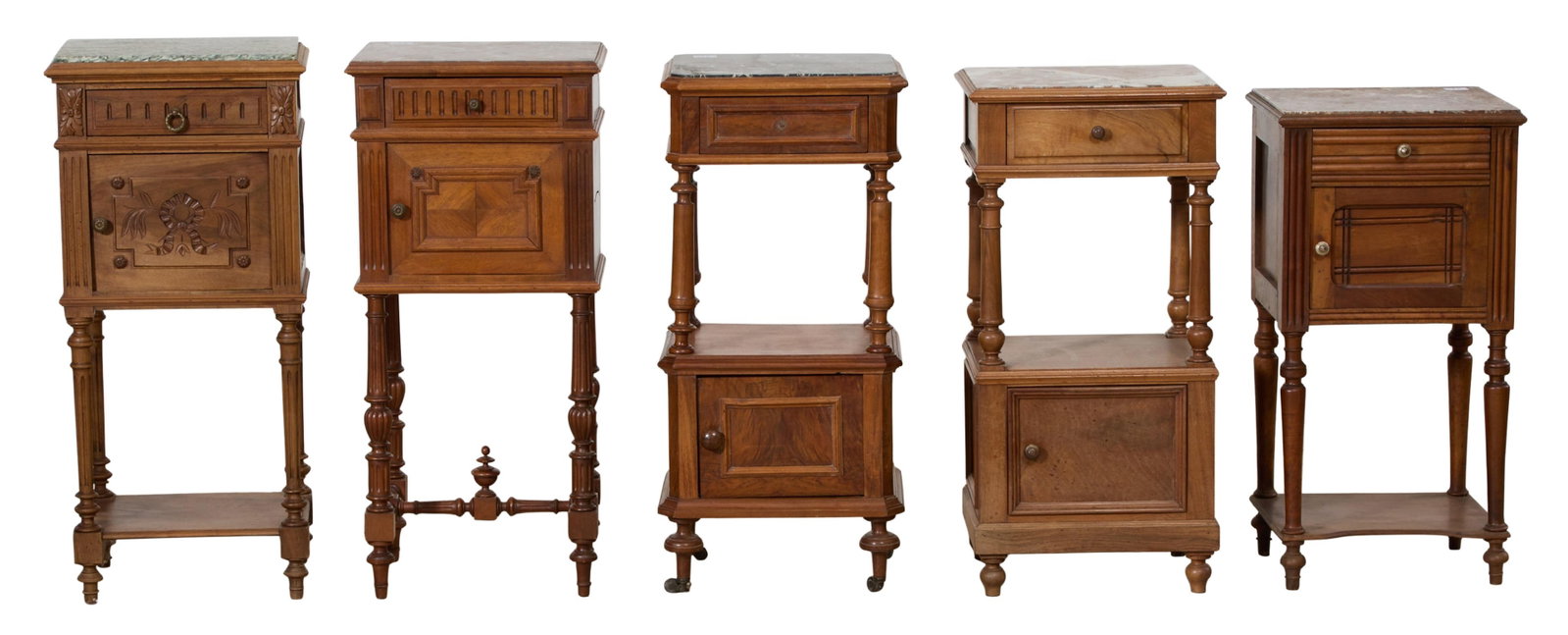 Five French Henri II Style Marble Top Nightstands, late 19th c., Largest- H.- 35 in., W.- 16 in.,: Five French Henri II Style Marble Top Nightstands, late 19th c., all with inset marble tops, single frieze drawers and lower cabinets, ring turned legs and toupie feet, Largest- H.- 35 in., W.- 16 in.
