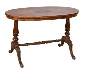 French Louis Philippe Inlaid Carved Walnut Low Table, 20th c., H.- 22 in., W.- 35 1/4 in., D.- 18