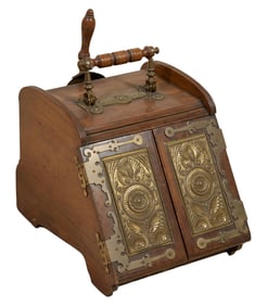 French Aesthetics Brass and Oak Coal Scuttle, late 19th c., H.- 20 in., W.- 13 1/2 in., D.- 18 in.