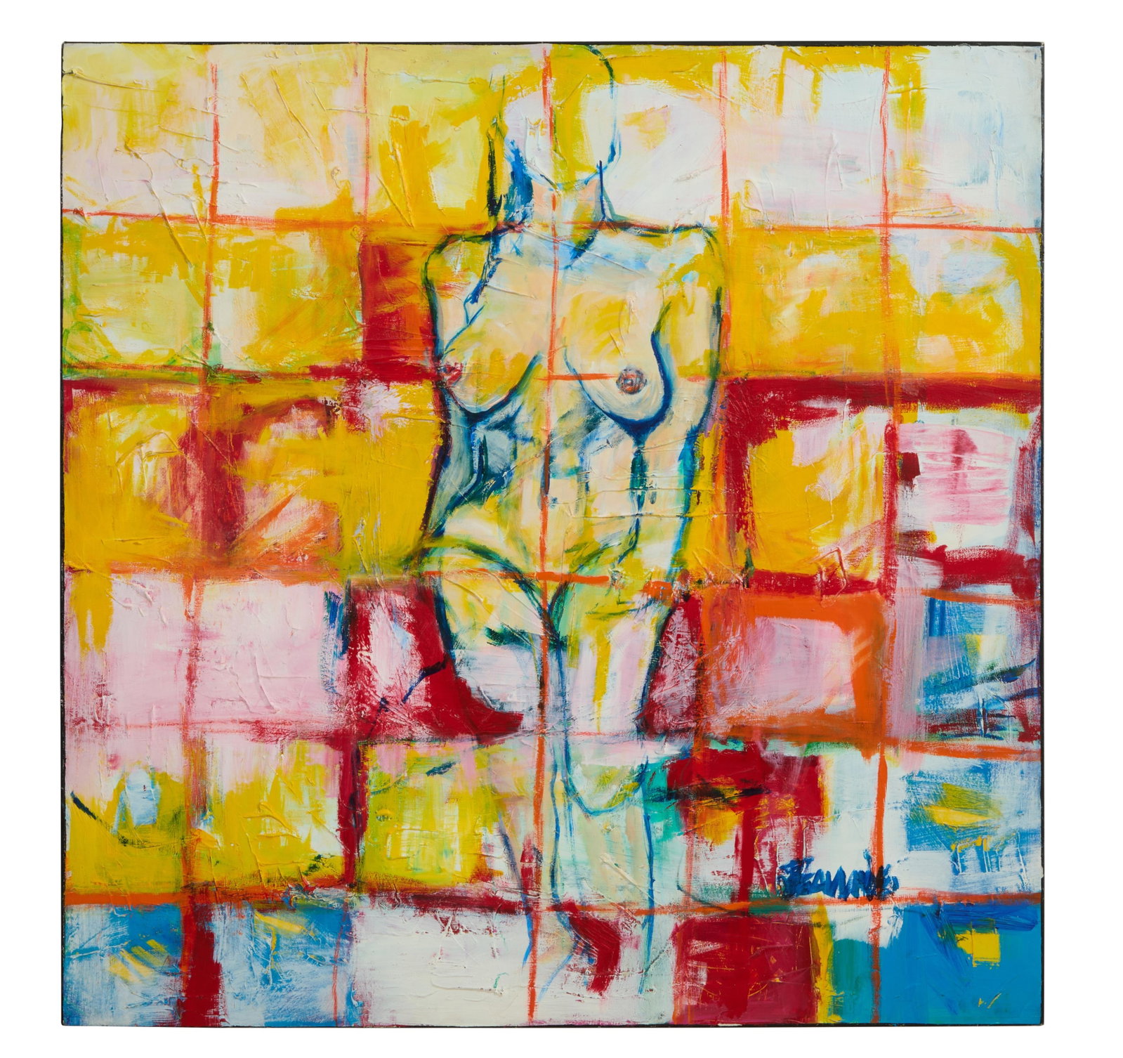 American School (20th Century), "Female Nude Walking through Colored Grid," H.- 48 in., W.- 48 in.: † American School (20th Century), "Female Nude Walking through Colored Grid," oil on canvas, signed "Jeannie" lower right, unframed, H.- 48 in., W.- 48 in. Provenance: The Estate of Joseph A. Jaeger