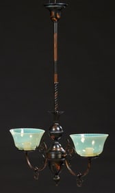American Copper Patinated Brass Two Light Chandelier, early 20th c., H.- 38 in., W.- 29 in., D.- 7