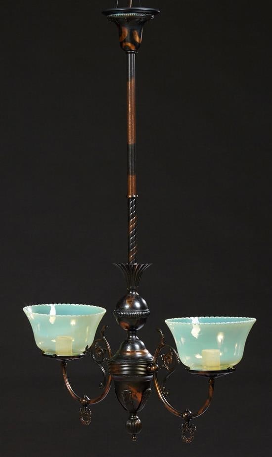 American Copper Patinated Brass Two Light Chandelier, early 20th c., H.- 38 in., W.- 29 in., D.- 7 (1 of 1)