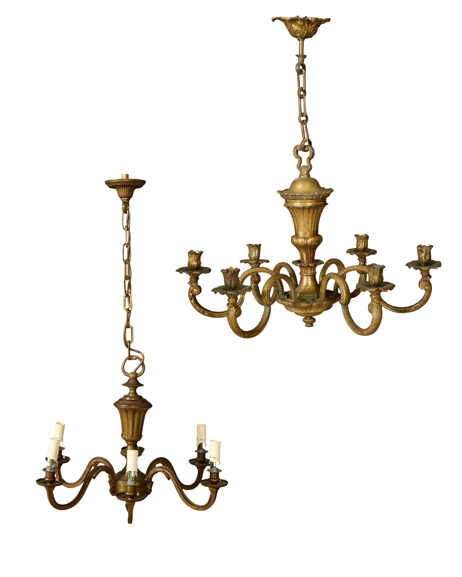 Two French Louis XVI Style Chandeliers, 20th c., Top- H.- 28 in., Dia.- 25 in.; Lower- H.- 34 in.,: Two French Louis XVI Style Chandeliers, 20th c., both of similar form, fluted tapered urn form fonts, scrolled arms, one electrified, Top- H.- 28 in., Dia.- 25 in.; Lower- H.- 34 in., Dia.- 19 in. (2