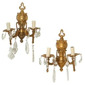 Pair of Belle Epoque Style Two Light Gilt Bronze and Crystal Sconces, 20th c., Each- H.- 16 in., W.-