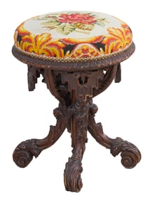 English Renaissance Revival Needlepoint and Carved Walnut Adjustable Piano Stool, 19th c., H.- 26