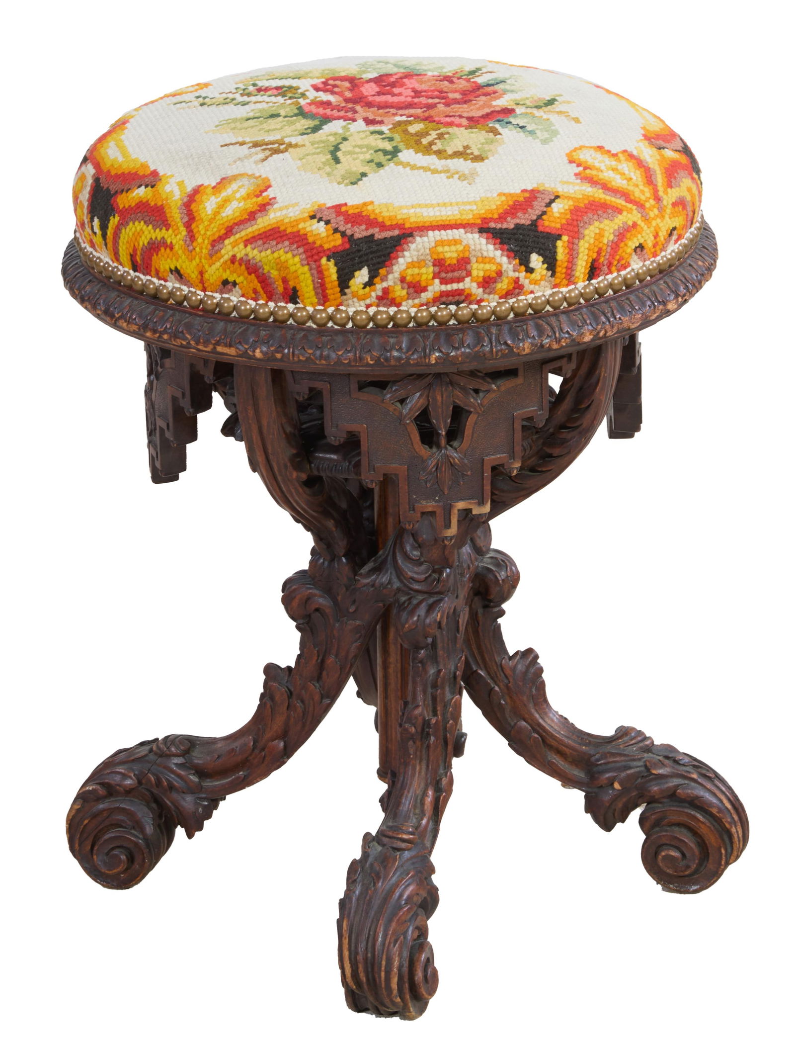 English Renaissance Revival Needlepoint and Carved Walnut Adjustable Piano Stool, 19th c., H.- 26 (1 of 3)