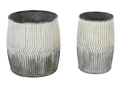 Two Contemporary Metal Planters, 21st c., Larger- H.- 18 in., Dia.- 15 1/2 in.; Smaller- H.- 18 in.,