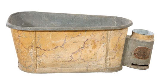 French Faux Marble Galvanized Metal Bath Tub, 19th c., H.- 24 in., W.- 68 in., D.- 23 in.